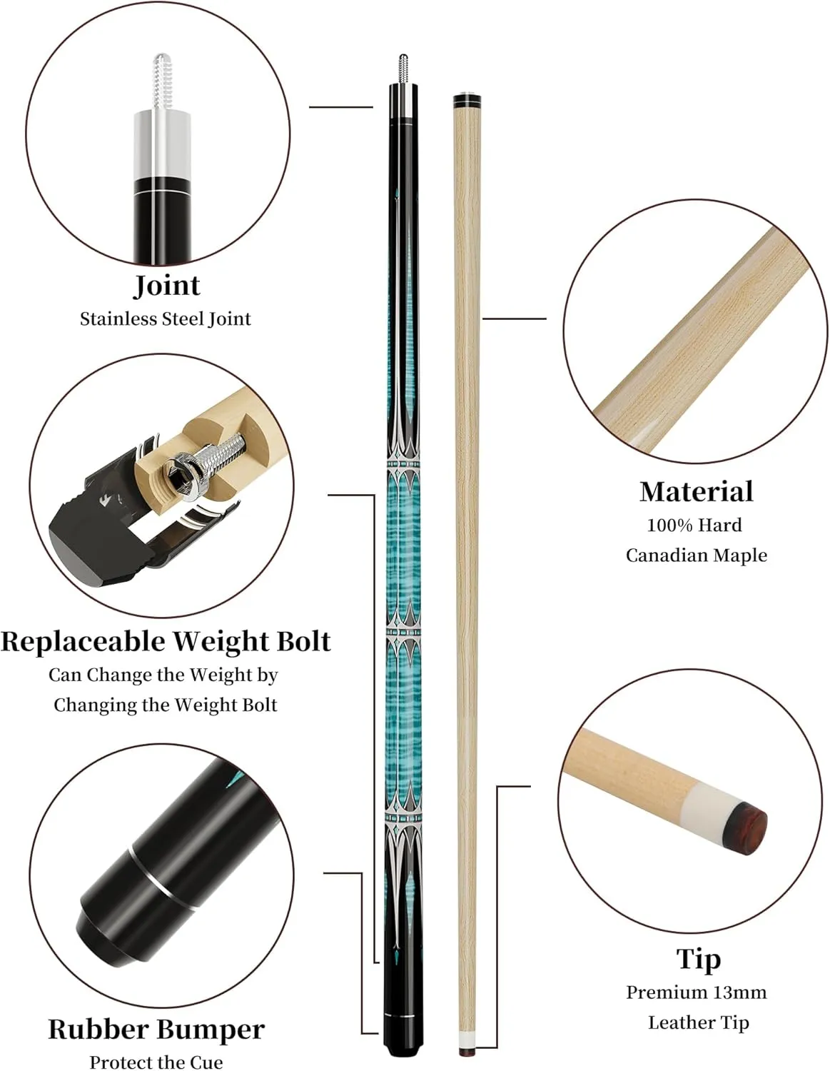 Premium Billiard Cue Pool Sticks, 58 Inch Professional Canadian Maple Wood Pool Cue Stick, 13mm Leather Tip Pool Cue with Glove