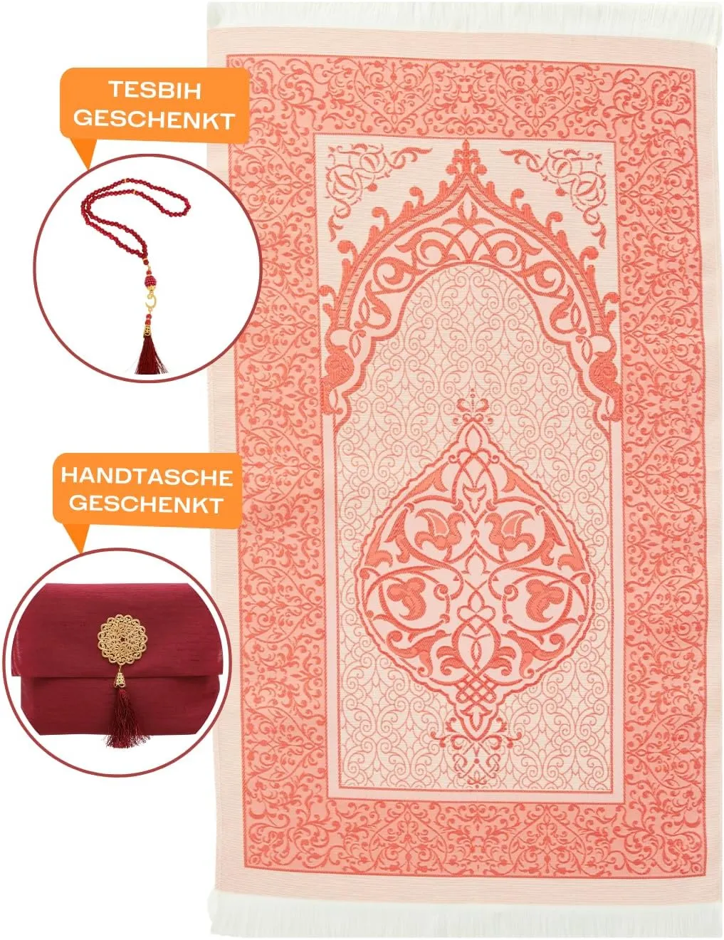 Prien Muslim Prayer Rug with Tasbih and Portable Bag, Muslim Gift for Women Men, Mubarak Islamic Box, Soft Mat Islam Gifts Set, Turkish Sajadah for Ramadan, Eid, Hajj, Travel, Pray (Red)