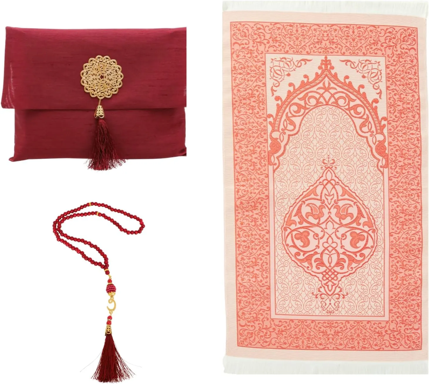 Prien Muslim Prayer Rug with Tasbih and Portable Bag, Muslim Gift for Women Men, Mubarak Islamic Box, Soft Mat Islam Gifts Set, Turkish Sajadah for Ramadan, Eid, Hajj, Travel, Pray (Red)