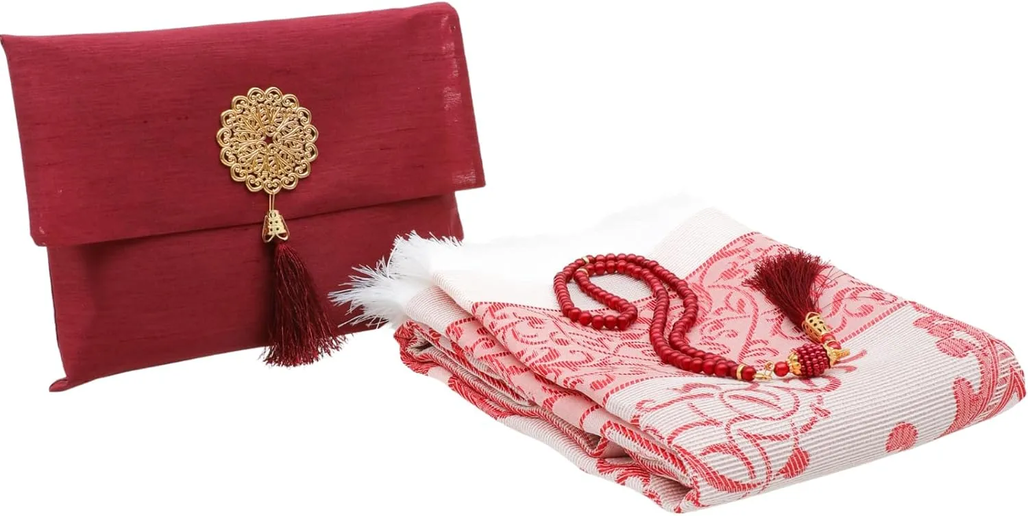 Prien Muslim Prayer Rug with Tasbih and Portable Bag, Muslim Gift for Women Men, Mubarak Islamic Box, Soft Mat Islam Gifts Set, Turkish Sajadah for Ramadan, Eid, Hajj, Travel, Pray (Red)