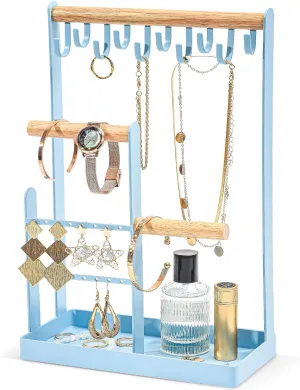 ProCase Jewelry Organizer Stand Holder, 4-Tier Necklace Organizer with Ring Tray, Small Cute Aesthetic Jewelry Tower Storage Rack Tree for Bracelets Earrings Rings - Blue