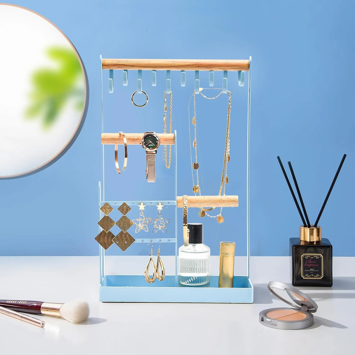 ProCase Jewelry Organizer Stand Holder, 4-Tier Necklace Organizer with Ring Tray, Small Cute Aesthetic Jewelry Tower Storage Rack Tree for Bracelets Earrings Rings - Blue