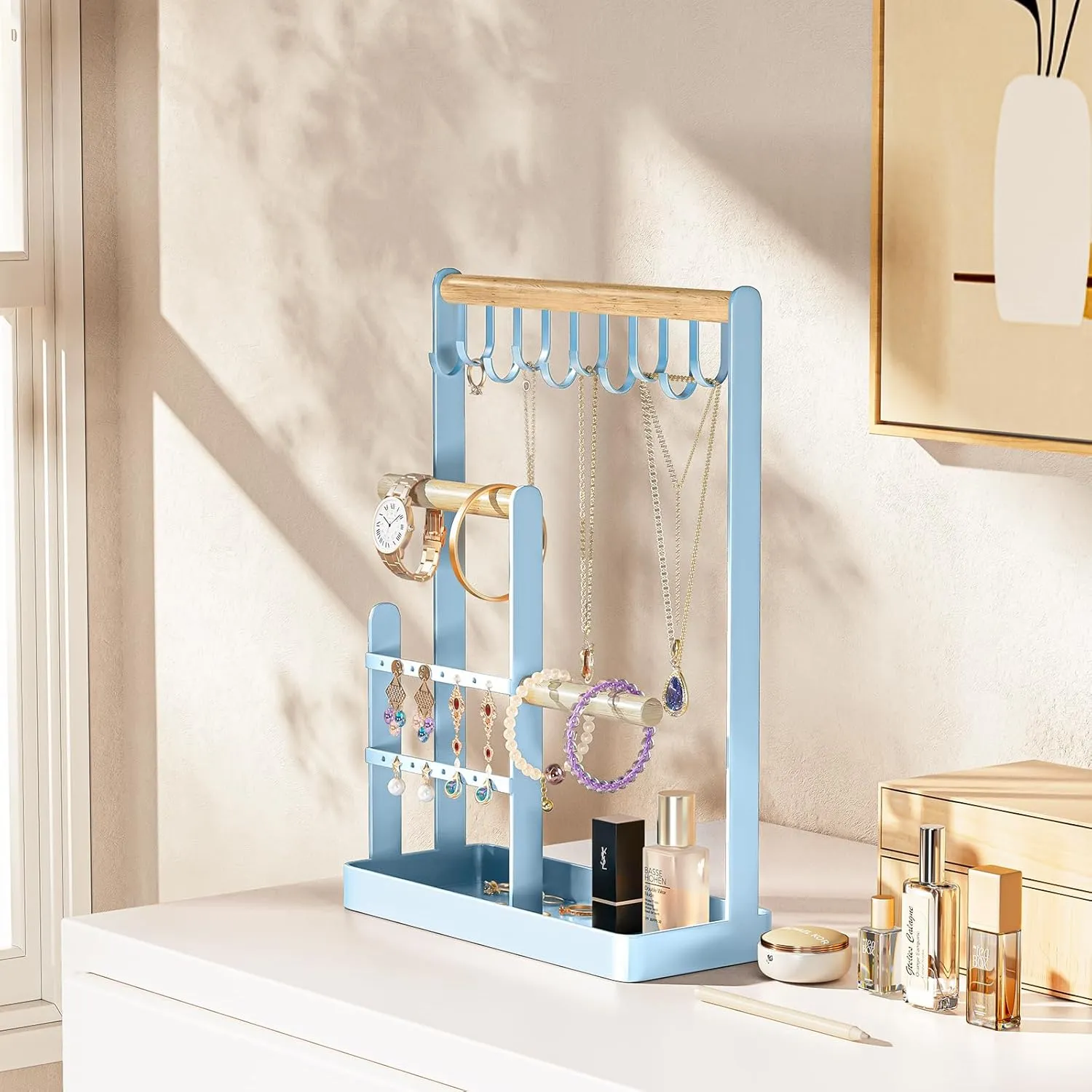 ProCase Jewelry Organizer Stand Holder, 4-Tier Necklace Organizer with Ring Tray, Small Cute Aesthetic Jewelry Tower Storage Rack Tree for Bracelets Earrings Rings - Blue