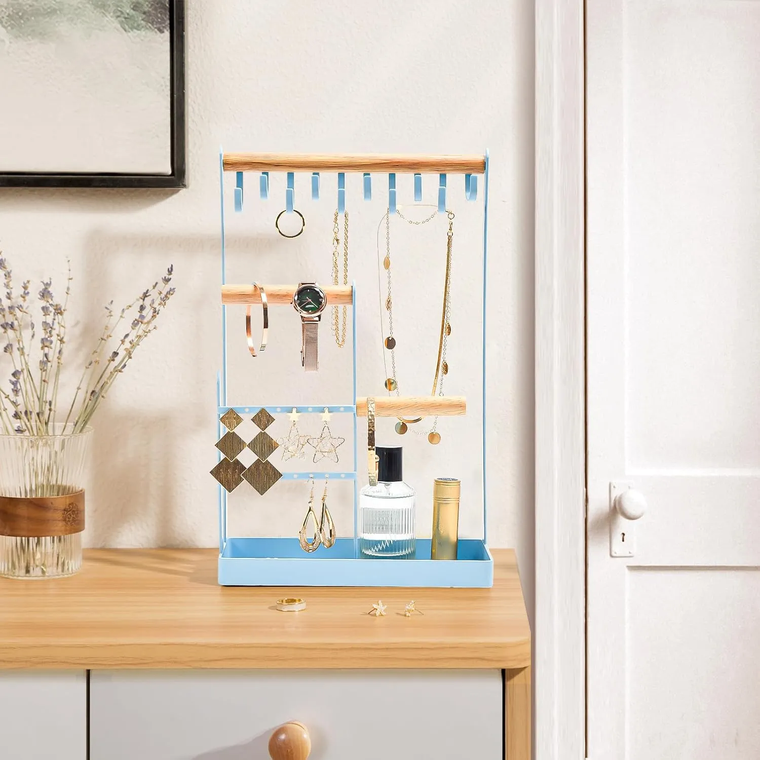 ProCase Jewelry Organizer Stand Holder, 4-Tier Necklace Organizer with Ring Tray, Small Cute Aesthetic Jewelry Tower Storage Rack Tree for Bracelets Earrings Rings - Blue