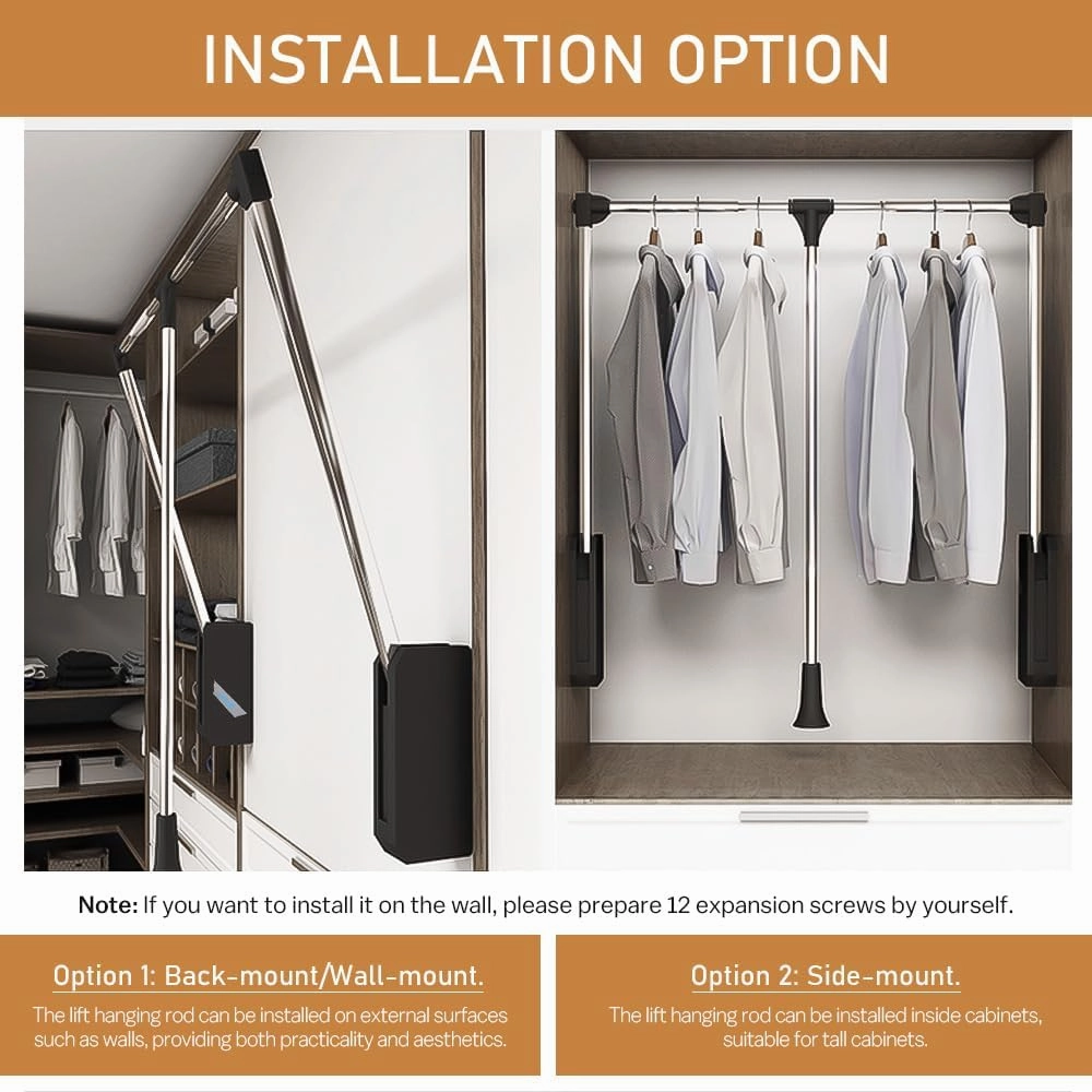 Pull Down Closet Rod 2 Pack, 60 lbs Load Capacity, Stainless Steel Adjustable 26-35 inches Soft-Close Wardrobe Lift Rail Organizer for Hanging Clothes, Two-way Buffering Side & Back Mounted Closet Rod