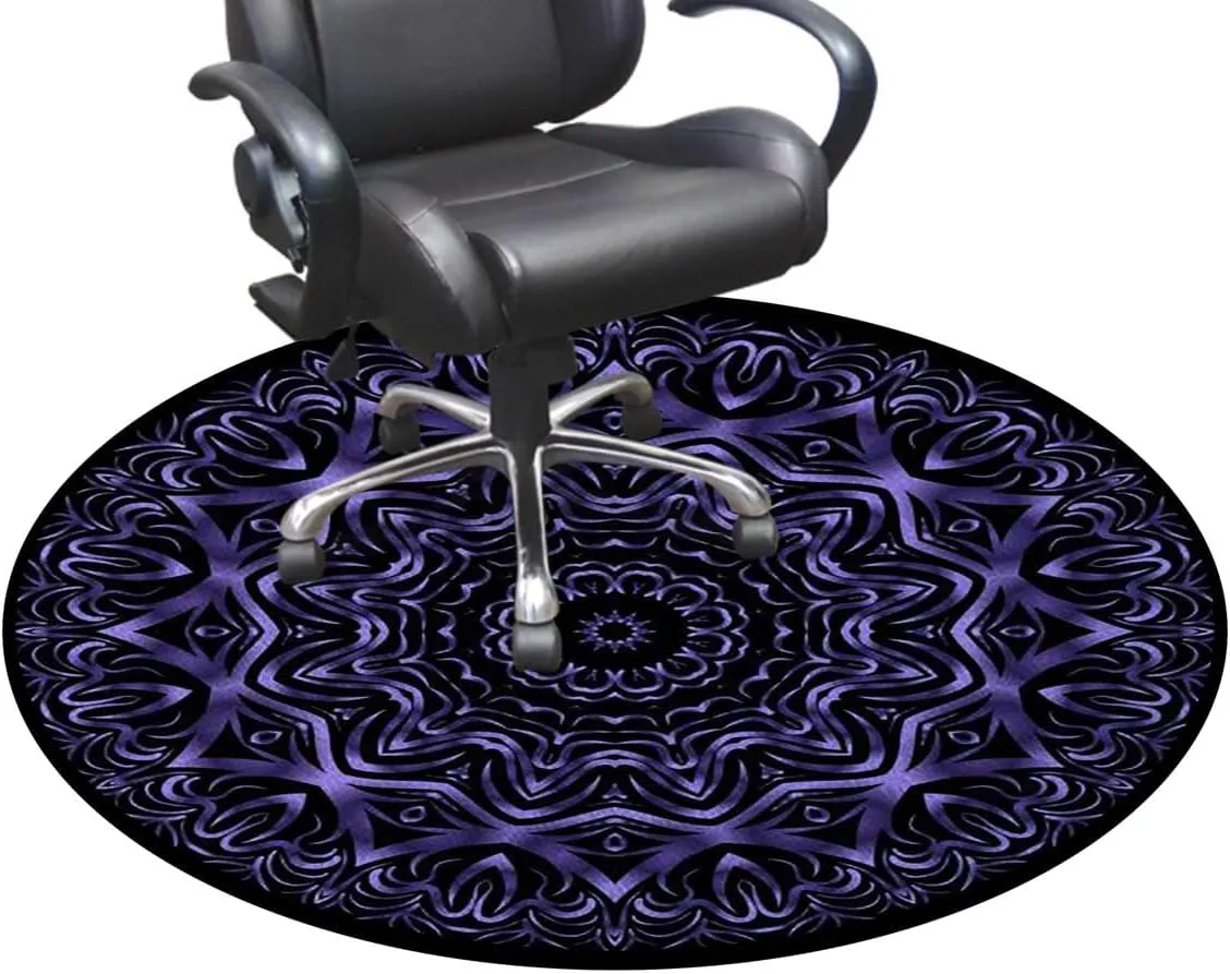 Purple Round Office & Gaming Chair Mat for Hardwood Floors, Mandala Boho Inspired Geometry Design Anti-Slip Computer Desk Protector, Durable Floor Mat, Floral Diameter 59 in