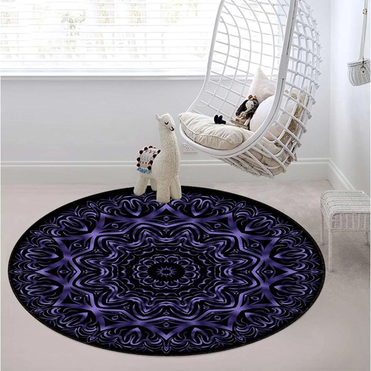 Purple Round Office & Gaming Chair Mat for Hardwood Floors, Mandala Boho Inspired Geometry Design Anti-Slip Computer Desk Protector, Durable Floor Mat, Floral Diameter 59 in