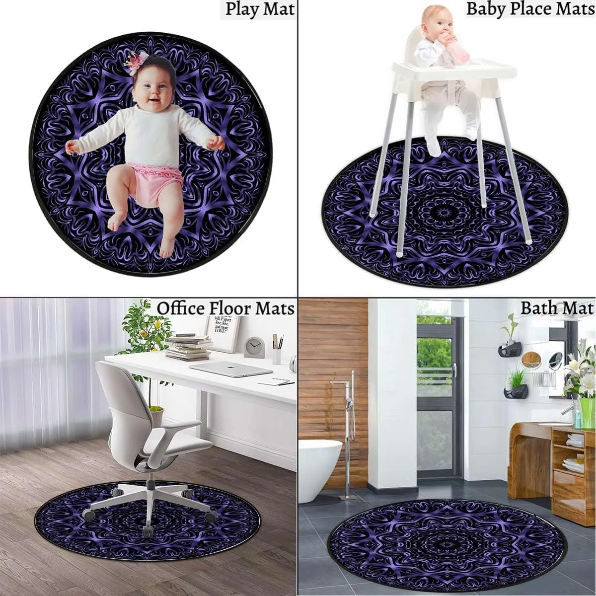 Purple Round Office & Gaming Chair Mat for Hardwood Floors, Mandala Boho Inspired Geometry Design Anti-Slip Computer Desk Protector, Durable Floor Mat, Floral Diameter 59 in