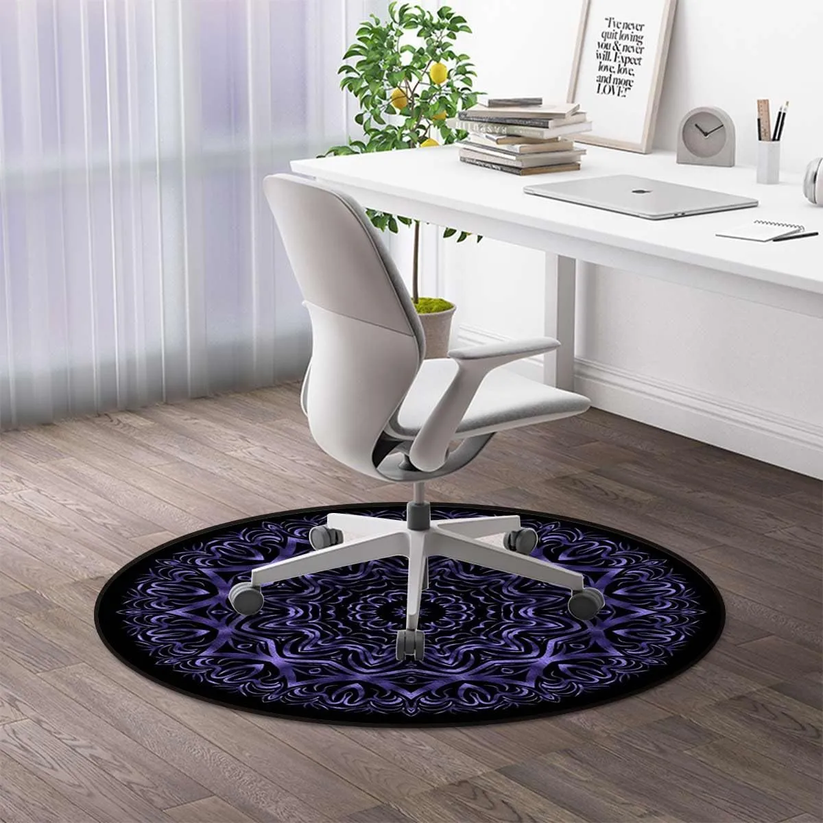 Purple Round Office & Gaming Chair Mat for Hardwood Floors, Mandala Boho Inspired Geometry Design Anti-Slip Computer Desk Protector, Durable Floor Mat, Floral Diameter 59 in
