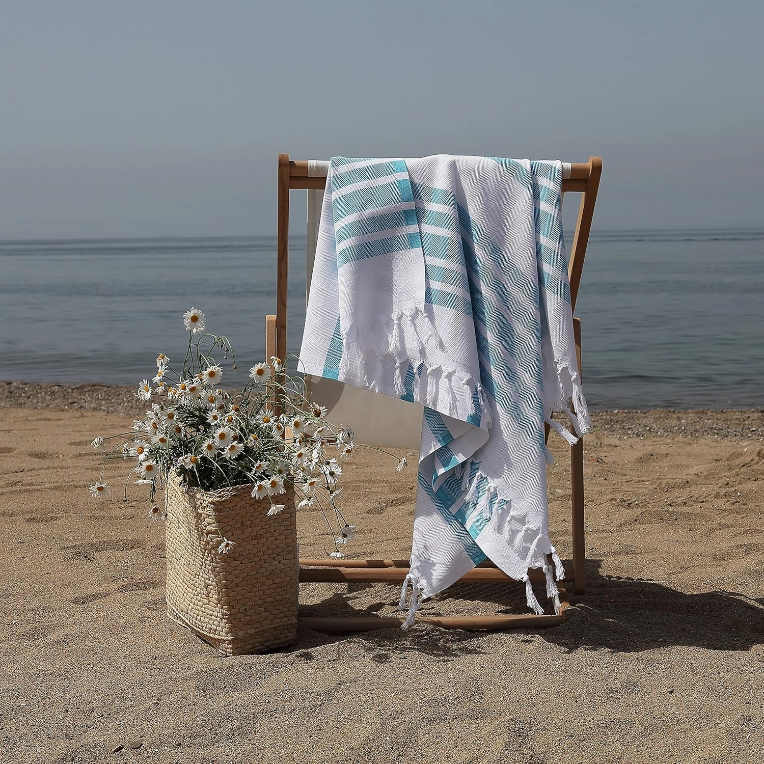 Radiant Pestemal 100% Turkish Cotton Striped Colorful Pestemal Towel 39 x 69 inches Multi Use for Table Cloths Beach Bathroom Spa Gym and Travel Sand Free Quick Dry and Compact (Turquoise)