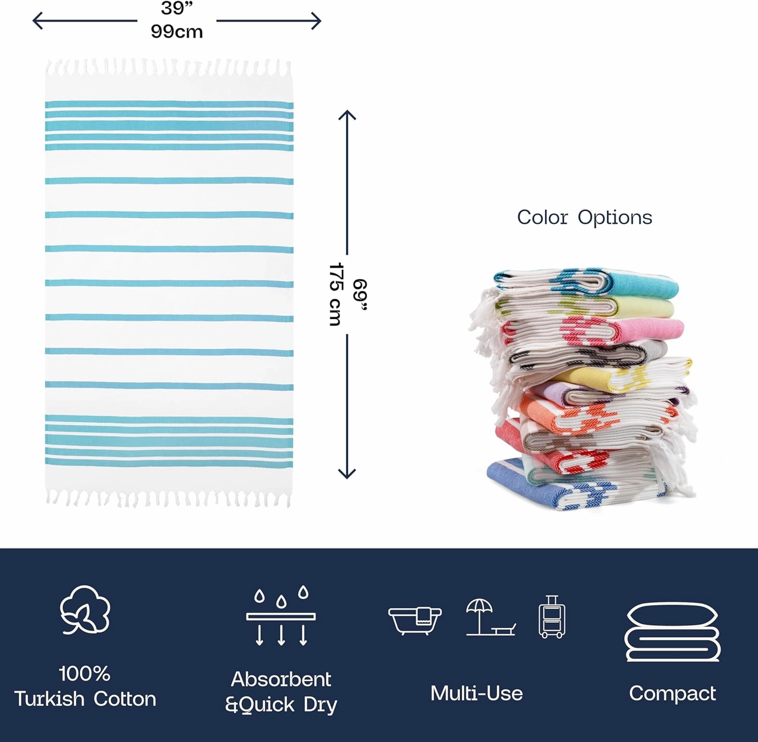 Radiant Pestemal 100% Turkish Cotton Striped Colorful Pestemal Towel 39 x 69 inches Multi Use for Table Cloths Beach Bathroom Spa Gym and Travel Sand Free Quick Dry and Compact (Turquoise)