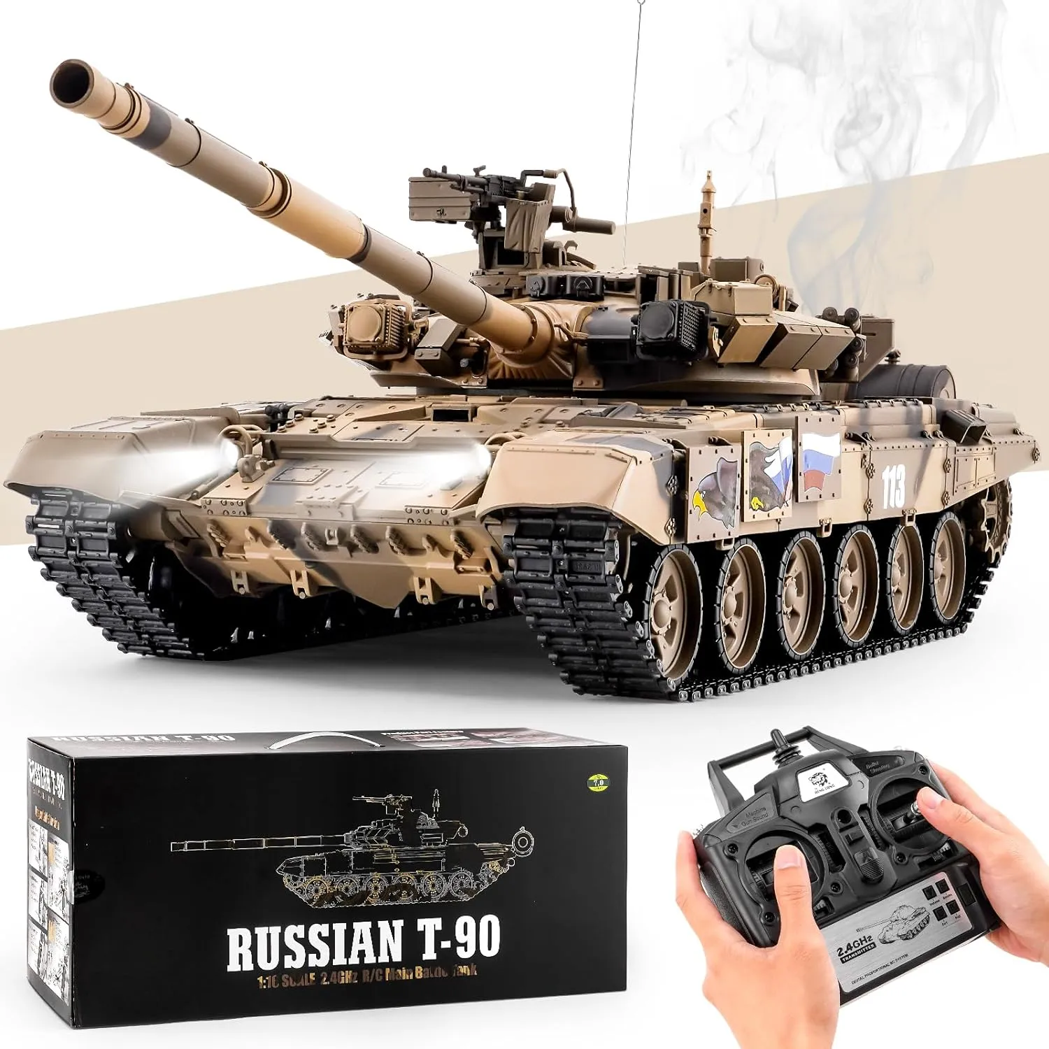 RC Tank Russian T-90 Main Battle Tank, 1/16 2.4ghz Remote Control Tank Vehicles Model with Sound & Light for Ages 14 