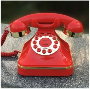 Red Retro Push Button Telephone Landline Dial and Fixed Telephone with Traditional Doorbell