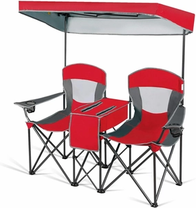 Red 2 Seats Portable Folding Camping Chair with Adjustable Detachable Canopy Cup Holder Cooler Bag Foldable Design Suitable for Camping Picnic Trekking Fishing Balcony Courtyard Beach Outdoor Places
