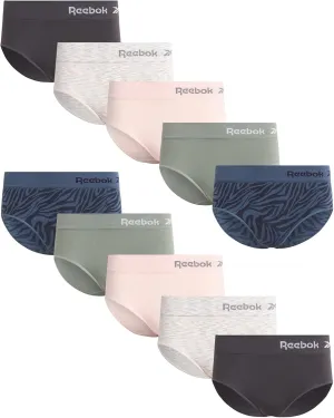 Reebok Hipster Panties for Women - 10 Pack Stretch Performance Seamless Underwear with Relaxed Tagless Waist (Sizes: S-XL)