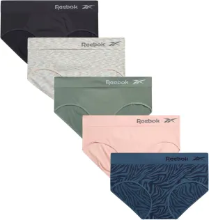 Reebok Hipster Panties for Women - 5 Pack Stretch Performance Seamless Underwear with Relaxed Tagless Waist (S-XL)