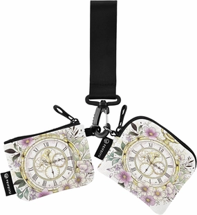 Retro Pocket Watch Wreath Flower Women's Change Wallet Card Cases Thin Flat Identity Card Protector with Zipper Pocket for Ladies Girls 2 Packs