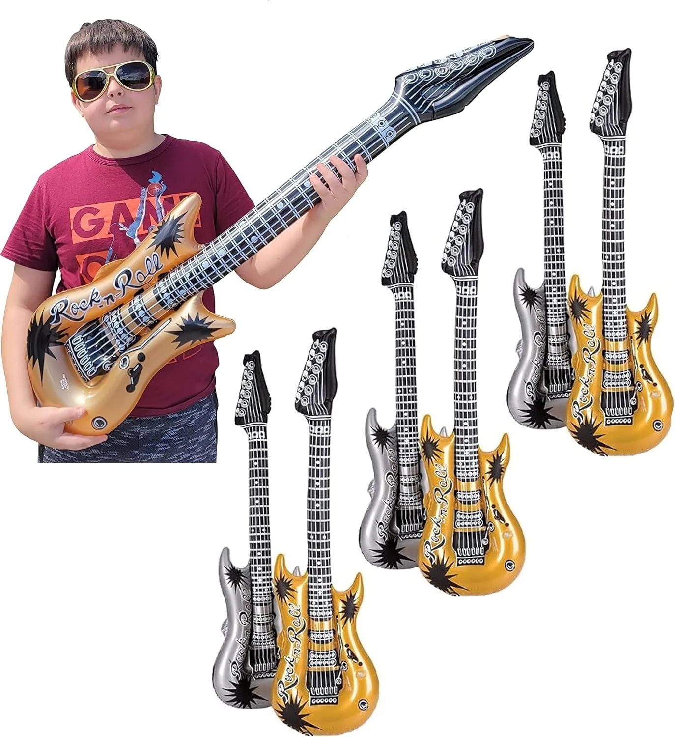 Rock Inflatable Guitar (42 Inches) Vinyl. Perfect Party Favor, DJ Dance 80s Rocker (Gold and Silver (6 Pack)), Multi, 42 Inch