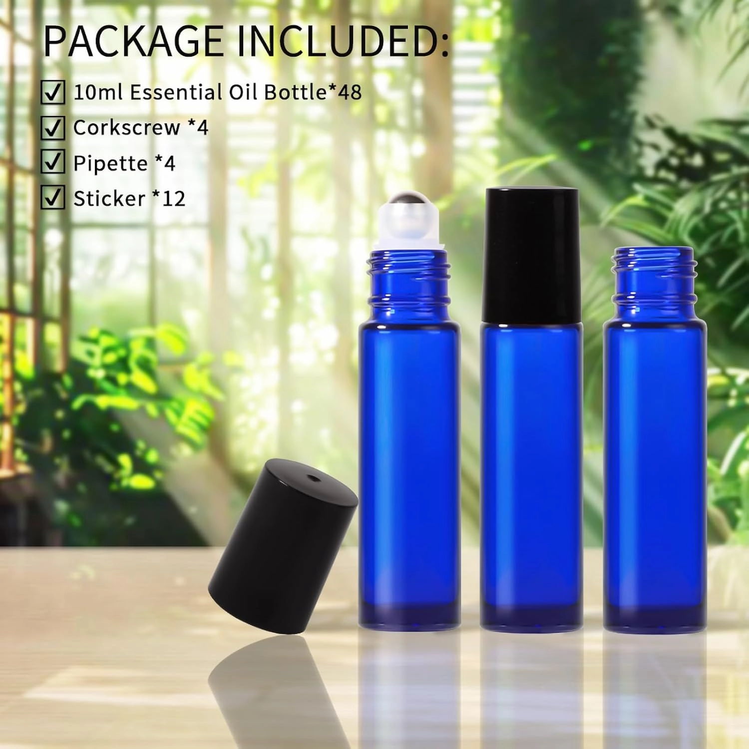 Roller Bottles for Essential Oils,10ml Empty Glass Perfume Bottle with Stainless Steel Roller Balls, Opener,Droppers,Labels,48 pack Roll on Bottles