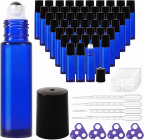 Roller Bottles for Essential Oils,10ml Empty Glass Perfume Bottle with Stainless Steel Roller Balls, Opener,Droppers,Labels,48 pack Roll on Bottles