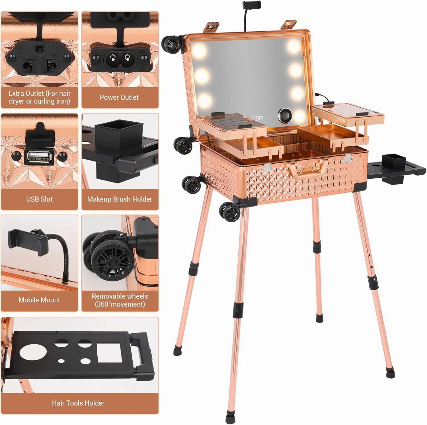 Rolling Makeup Train Case with Lighted Mirror and Bluetooth Speaker Professional Cosmetic Organizer Case with Wheels, Stands Portable Makup Station Vanity for Travel (Rose gold, Medium)