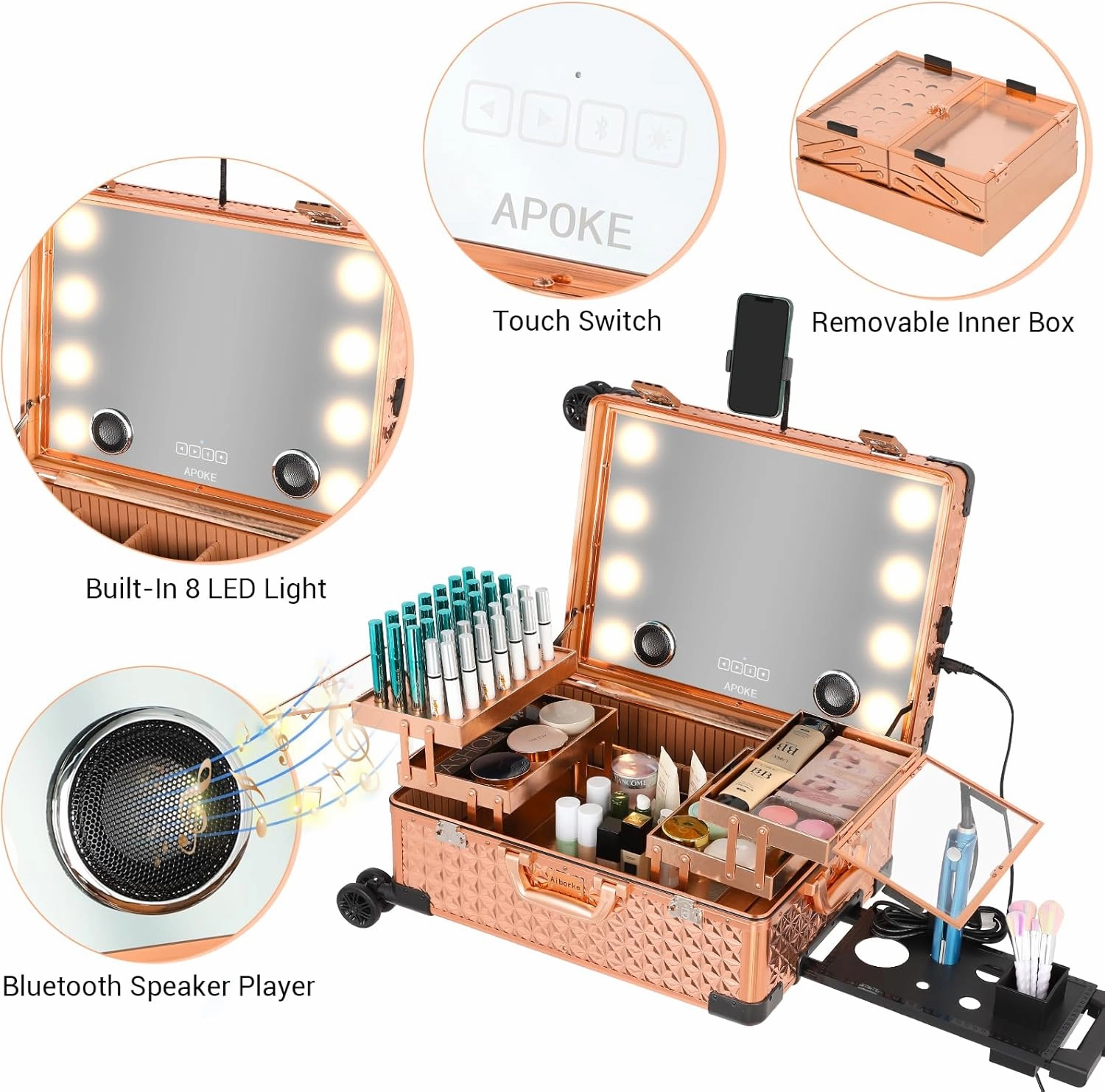 Rolling Makeup Train Case with Lighted Mirror and Bluetooth Speaker Professional Cosmetic Organizer Case with Wheels, Stands Portable Makup Station Vanity for Travel (Rose gold, Medium)