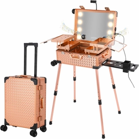 Rolling Makeup Train Case with Lighted Mirror and Bluetooth Speaker Professional Cosmetic Organizer Case with Wheels, Stands Portable Makup Station Vanity for Travel (Rose gold, Medium)