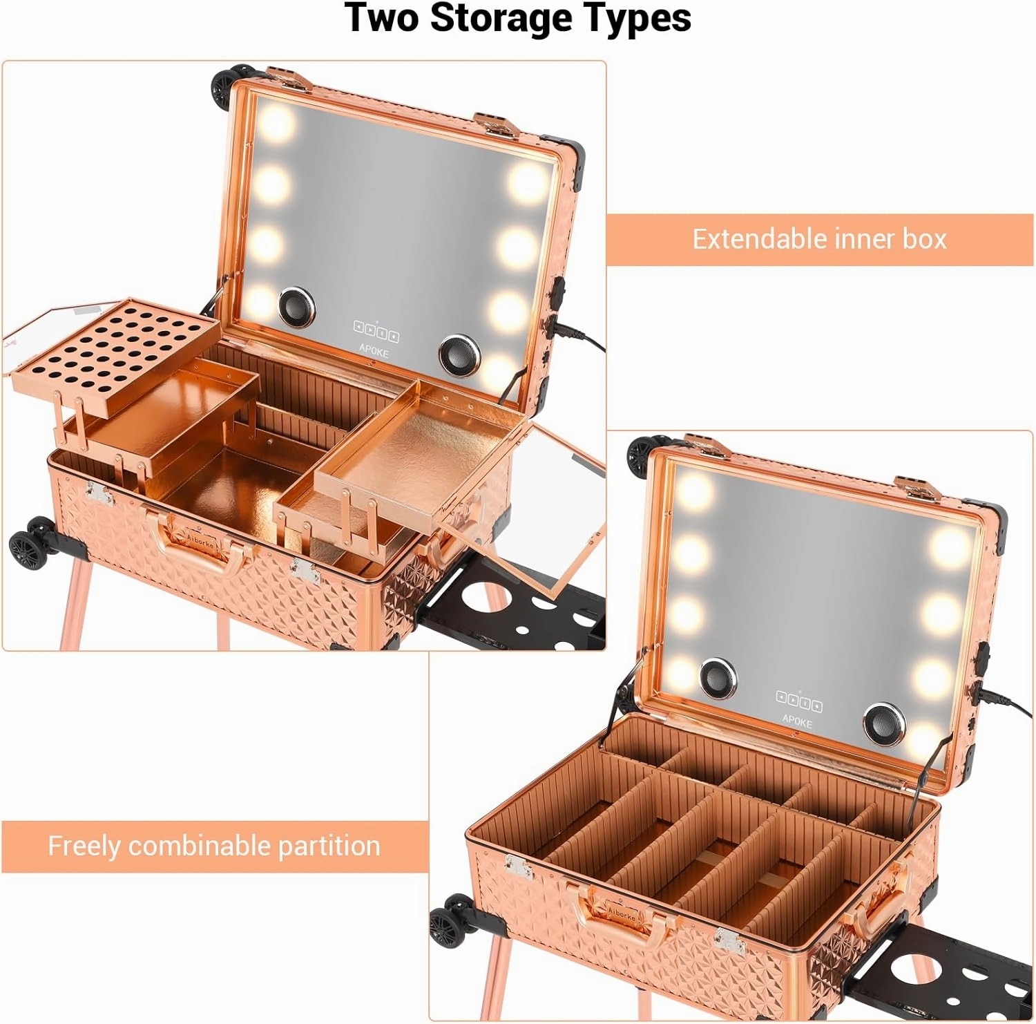 Rolling Makeup Train Case with Lighted Mirror and Bluetooth Speaker Professional Cosmetic Organizer Case with Wheels, Stands Portable Makup Station Vanity for Travel (Rose gold, Medium)
