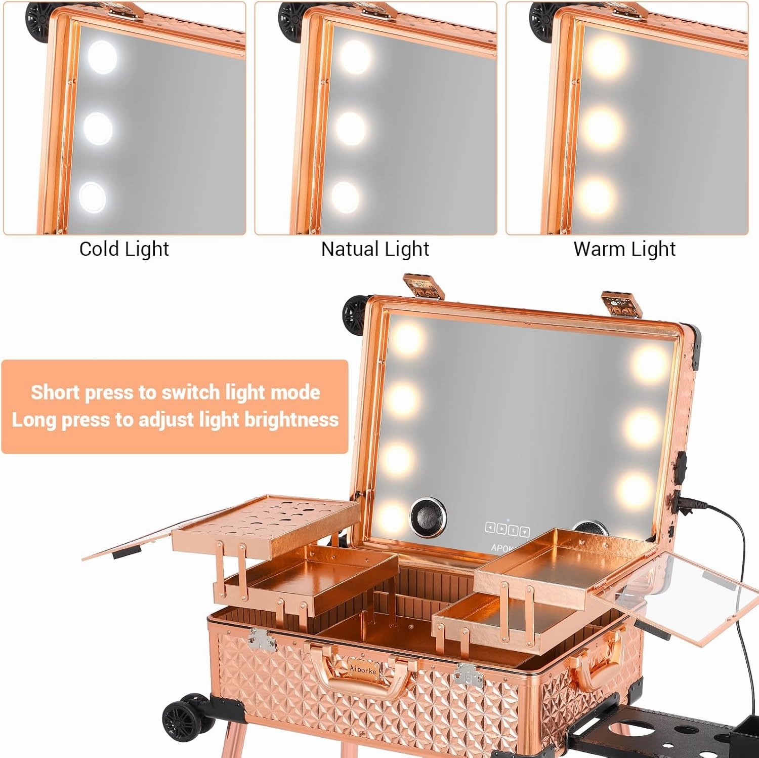 Rolling Makeup Train Case with Lighted Mirror and Bluetooth Speaker Professional Cosmetic Organizer Case with Wheels, Stands Portable Makup Station Vanity for Travel (Rose gold, Medium)