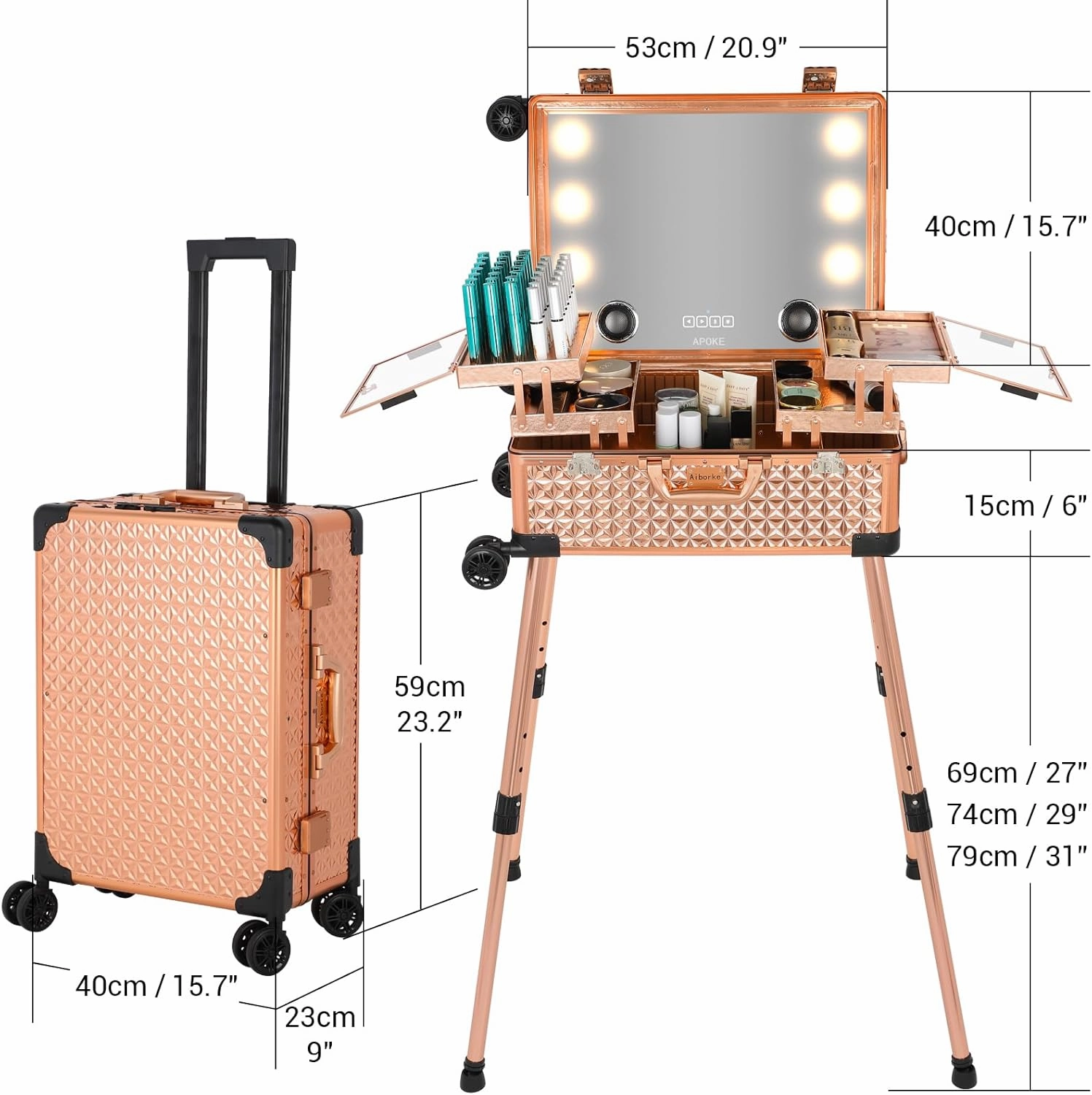 Rolling Makeup Train Case with Lighted Mirror and Bluetooth Speaker Professional Cosmetic Organizer Case with Wheels, Stands Portable Makup Station Vanity for Travel (Rose gold, Medium)