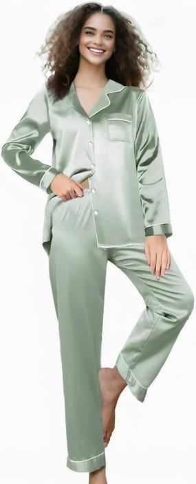 RONGTAI Women's Ice Silk Long-sleeved Trousers Lapel Loungewear Solid Color Cardigan Two-piece Set Simple and Casual
