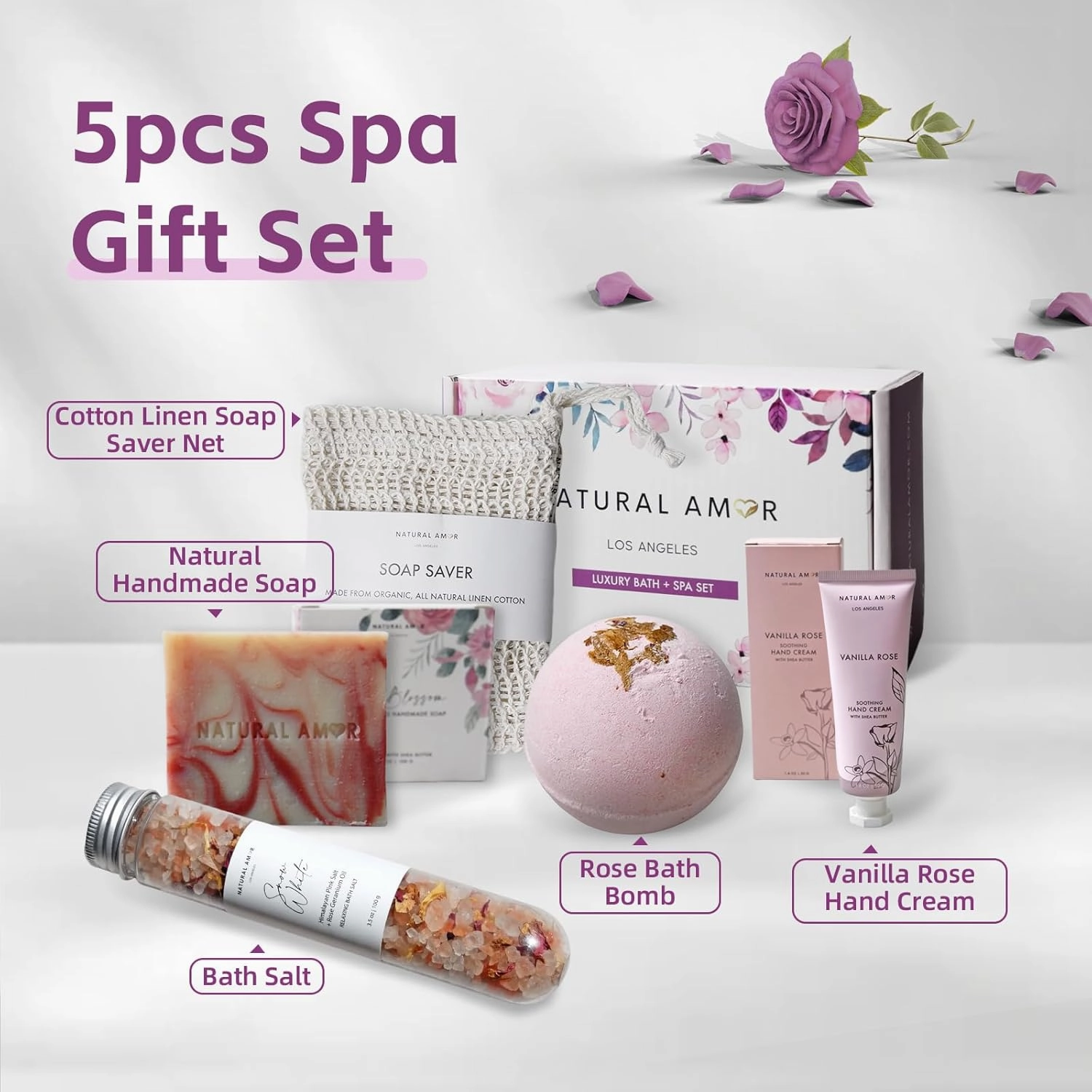 Rose Bath Spa Gift for Women,Handmade Spa gift for her, 5pc Bath & Body Gift Including Soap Bar, Hand Cream, Bath Salt, Soap Saver, Bath Bomb,Self Care Package by Natural Amor
