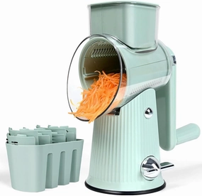 Rotary Cheese Grater, 5-Set Replaceable Drum Blade Vegetable Slicer, Hand Crank Cheese Grater with Strong Suction Base, Walnut Potato Carrot Kitchen Grater (Green)