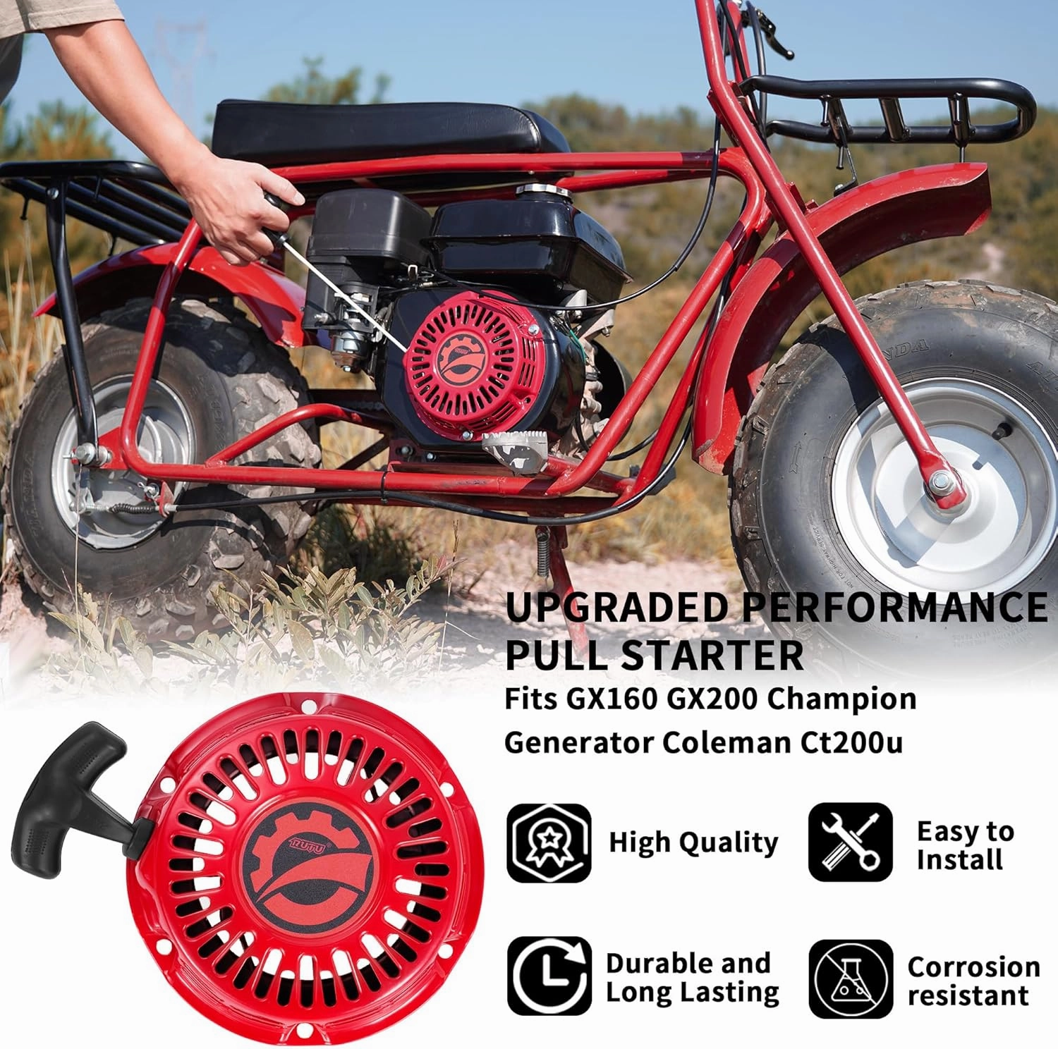 RUTU GX160 Pull Start Assembly with Recoil Starter Rope&Handle for 196cc 6.5 Hp GX200 168F Go-Kart Engines,GX160 Recoil Starter Fit for Predator 212cc Carter Coleman Powersports Murray Go-Kart Red