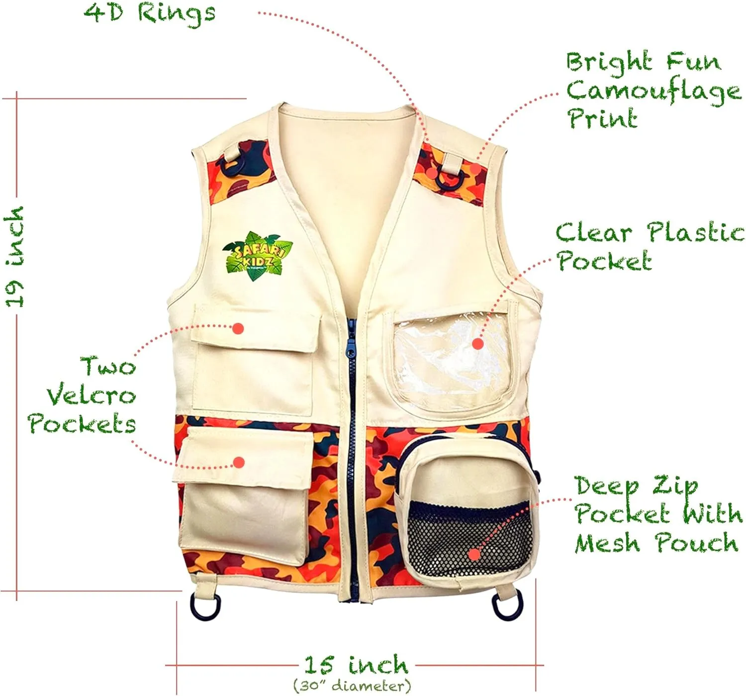 Safari Kidz Outdoor Explorer Kit - Camouflage Cargo Vest and Hat Set, Backyard Nature Adventures, Washable, For Boys and Girls