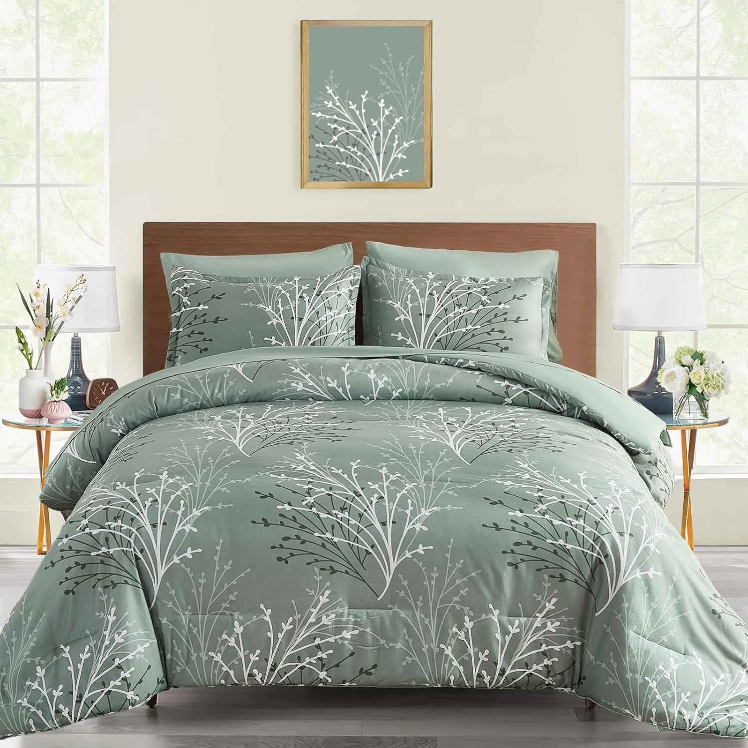 Sage Green Comforter Set Queen Size Branch Botanical 7 Piece Bed in a Bag Light Green Floral Bedding Sets, Soft Microfiber Branches Leaves Pattern Reversible Comforter Set for All Season (78''x90'')