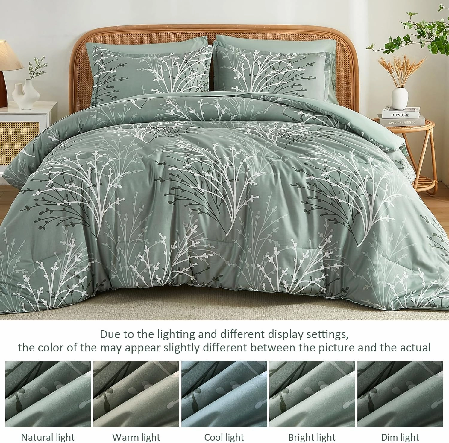Sage Green Comforter Set Queen Size Branch Botanical 7 Piece Bed in a Bag Light Green Floral Bedding Sets, Soft Microfiber Branches Leaves Pattern Reversible Comforter Set for All Season (78''x90'')
