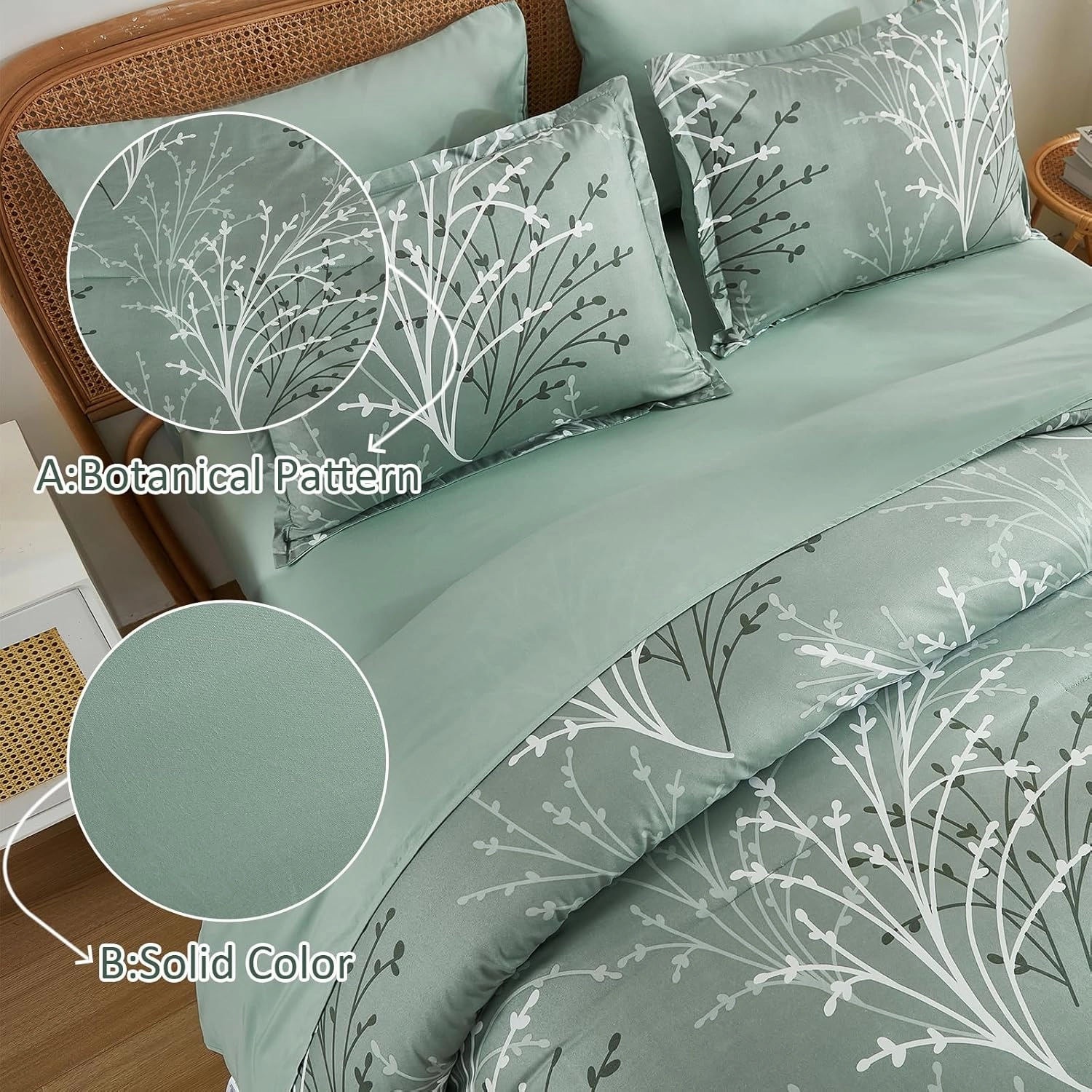 Sage Green Comforter Set Queen Size Branch Botanical 7 Piece Bed in a Bag Light Green Floral Bedding Sets, Soft Microfiber Branches Leaves Pattern Reversible Comforter Set for All Season (78''x90'')