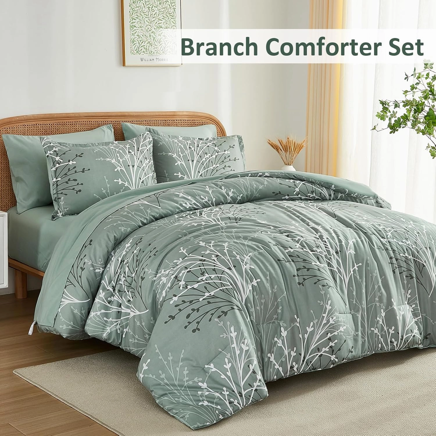 Sage Green Comforter Set Queen Size Branch Botanical 7 Piece Bed in a Bag Light Green Floral Bedding Sets, Soft Microfiber Branches Leaves Pattern Reversible Comforter Set for All Season (78''x90'')