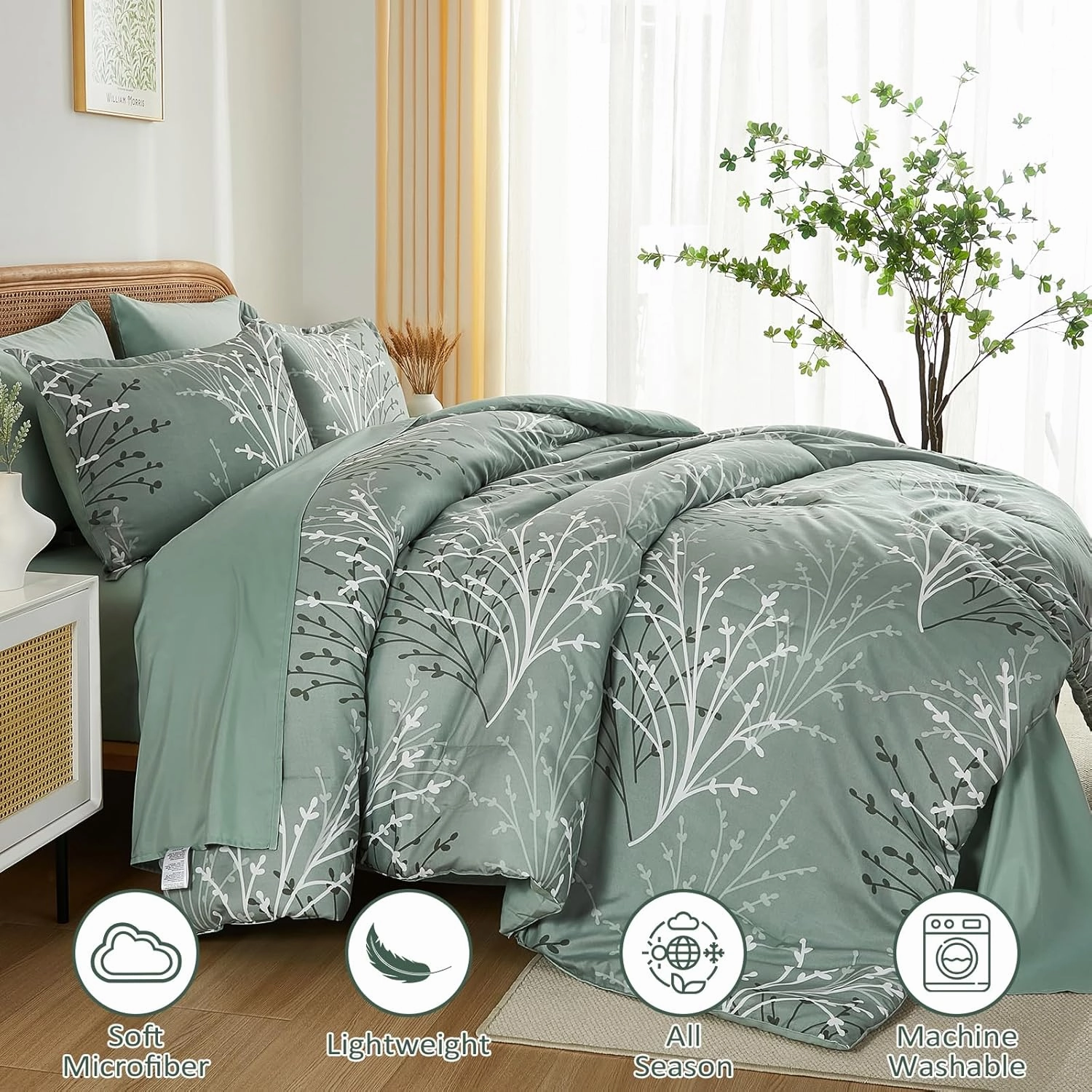 Sage Green Comforter Set Queen Size Branch Botanical 7 Piece Bed in a Bag Light Green Floral Bedding Sets, Soft Microfiber Branches Leaves Pattern Reversible Comforter Set for All Season (78''x90'')