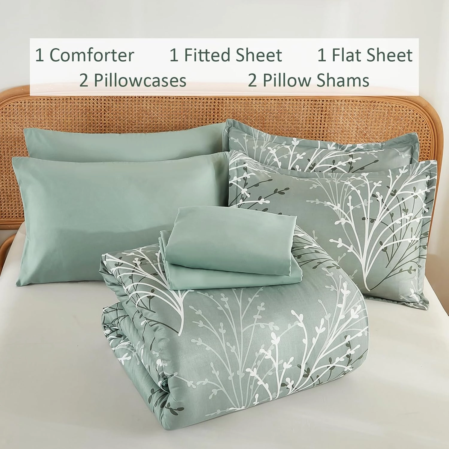 Sage Green Comforter Set Queen Size Branch Botanical 7 Piece Bed in a Bag Light Green Floral Bedding Sets, Soft Microfiber Branches Leaves Pattern Reversible Comforter Set for All Season (78''x90'')
