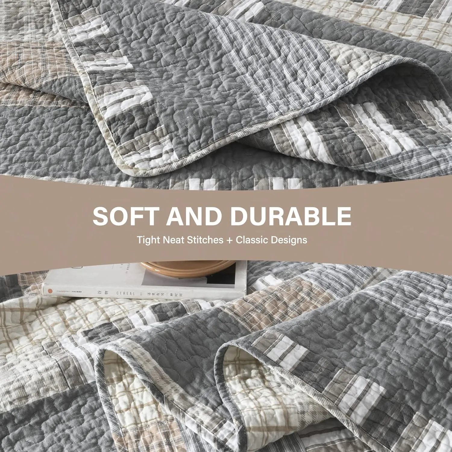 SahSahCasa Quilt King Size, King Quilt Set, 100% Cotton King Quilt Bedding Set Bedspreads, Farmhouse Reversible Patchwork Lightweight Plaid Quilts Bedspread for All Season, Gray/Brown, 3PCs