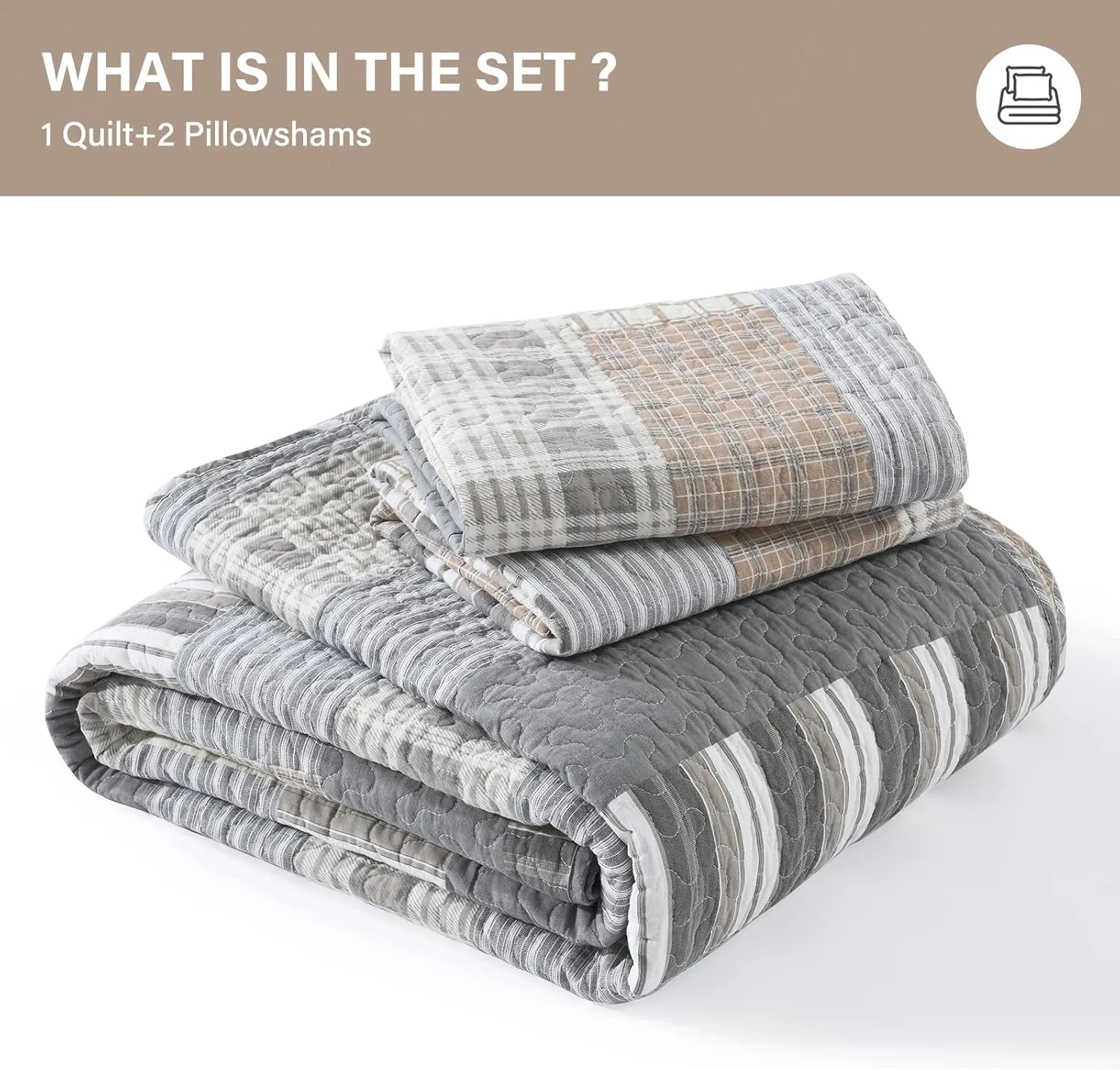 SahSahCasa Quilt King Size, King Quilt Set, 100% Cotton King Quilt Bedding Set Bedspreads, Farmhouse Reversible Patchwork Lightweight Plaid Quilts Bedspread for All Season, Gray/Brown, 3PCs