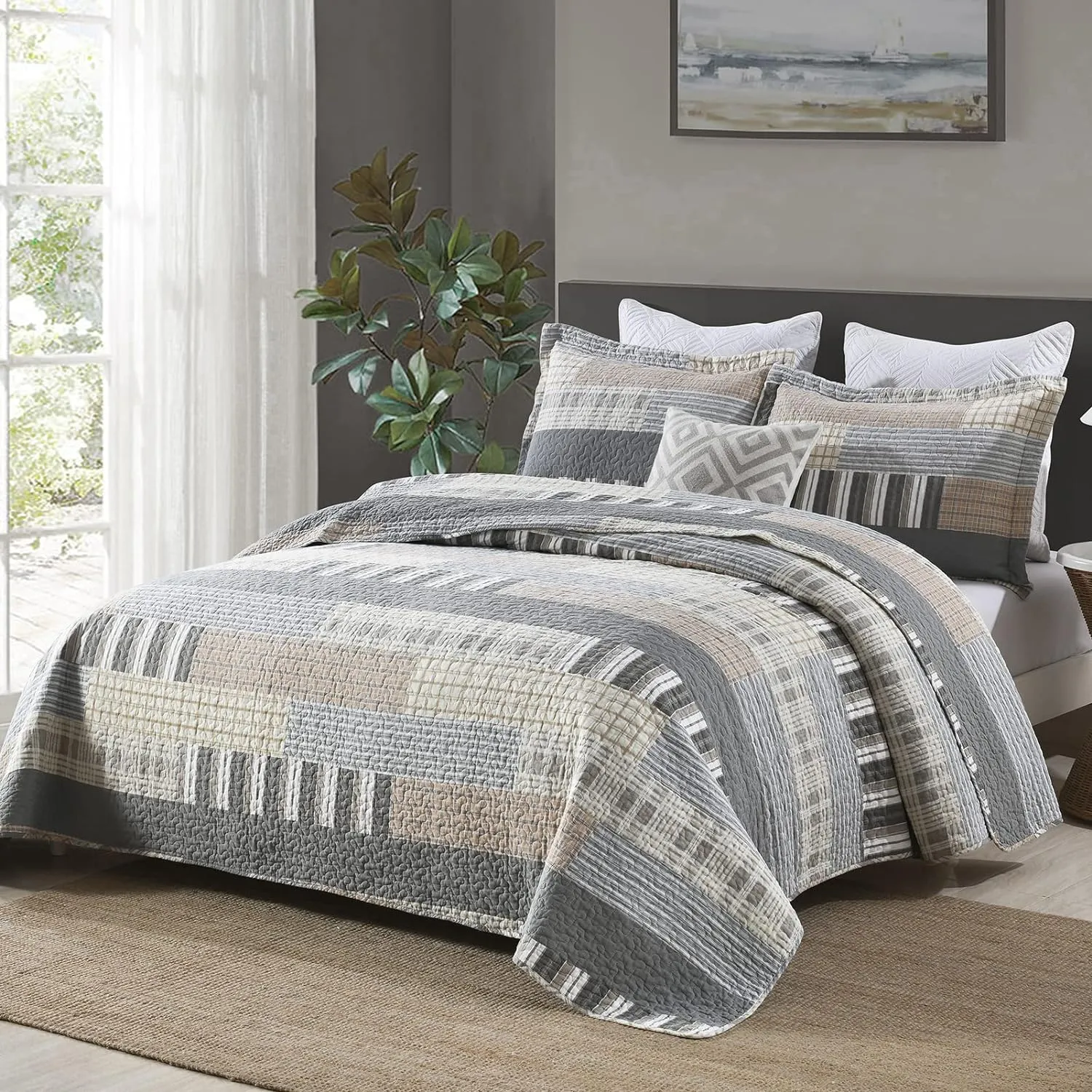 SahSahCasa Quilt King Size, King Quilt Set, 100% Cotton King Quilt Bedding Set Bedspreads, Farmhouse Reversible Patchwork Lightweight Plaid Quilts Bedspread for All Season, Gray/Brown, 3PCs
