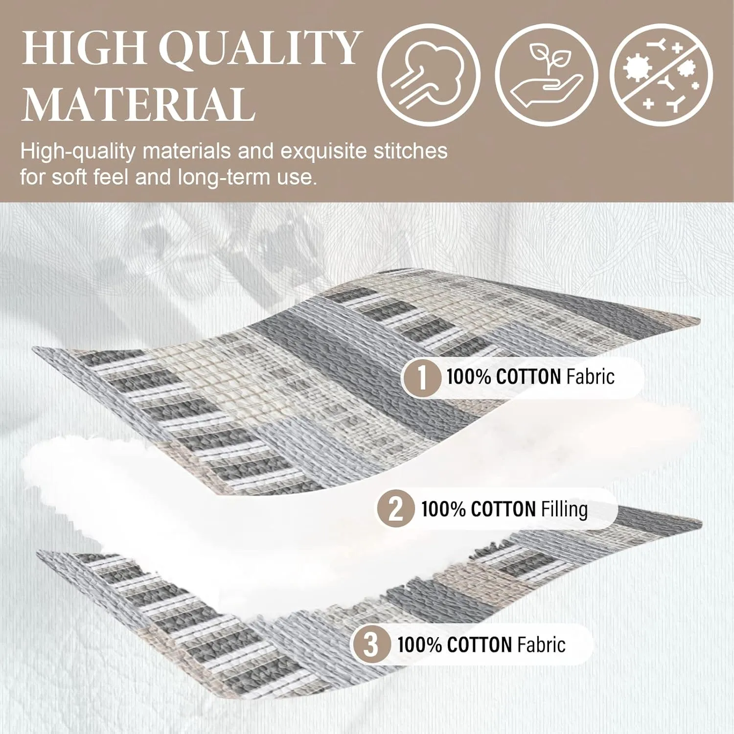 SahSahCasa Quilt King Size, King Quilt Set, 100% Cotton King Quilt Bedding Set Bedspreads, Farmhouse Reversible Patchwork Lightweight Plaid Quilts Bedspread for All Season, Gray/Brown, 3PCs