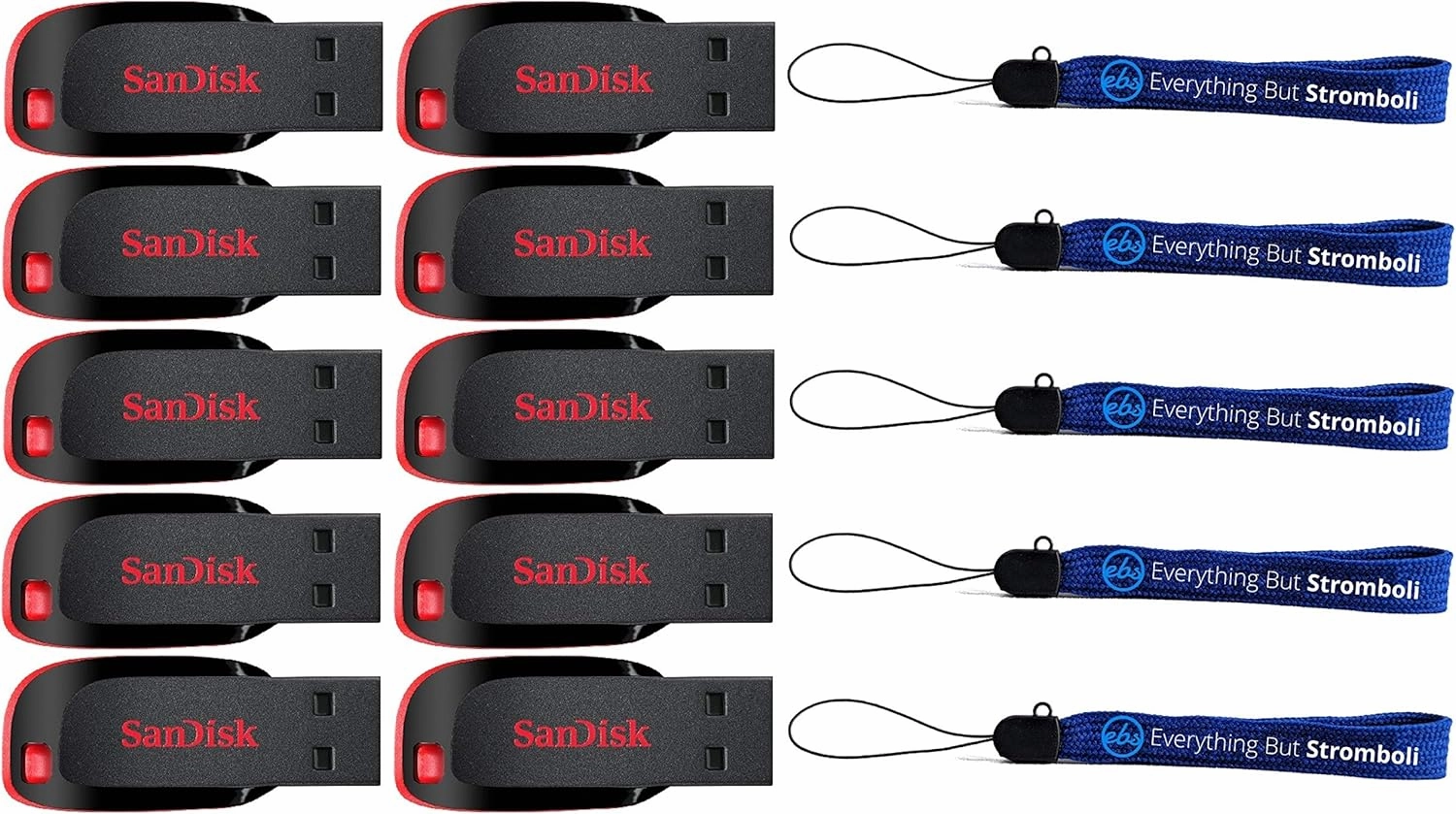 SanDisk Cruzer Blade 8GB (10 pack) USB 2.0 Flash Drive Jump Drive Thumb Drive SDCZ50-008G-10PK w/ (5) Everything But Stromboli (TM) Lanyard