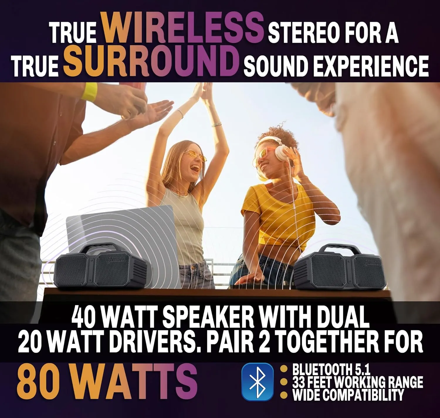 SANTANA BY CARLOS SANTANA Europa Bluetooth Speaker, Shock Portable Bluetooth Speaker, 40W Portable Outdoor & Wireless Speaker - Black