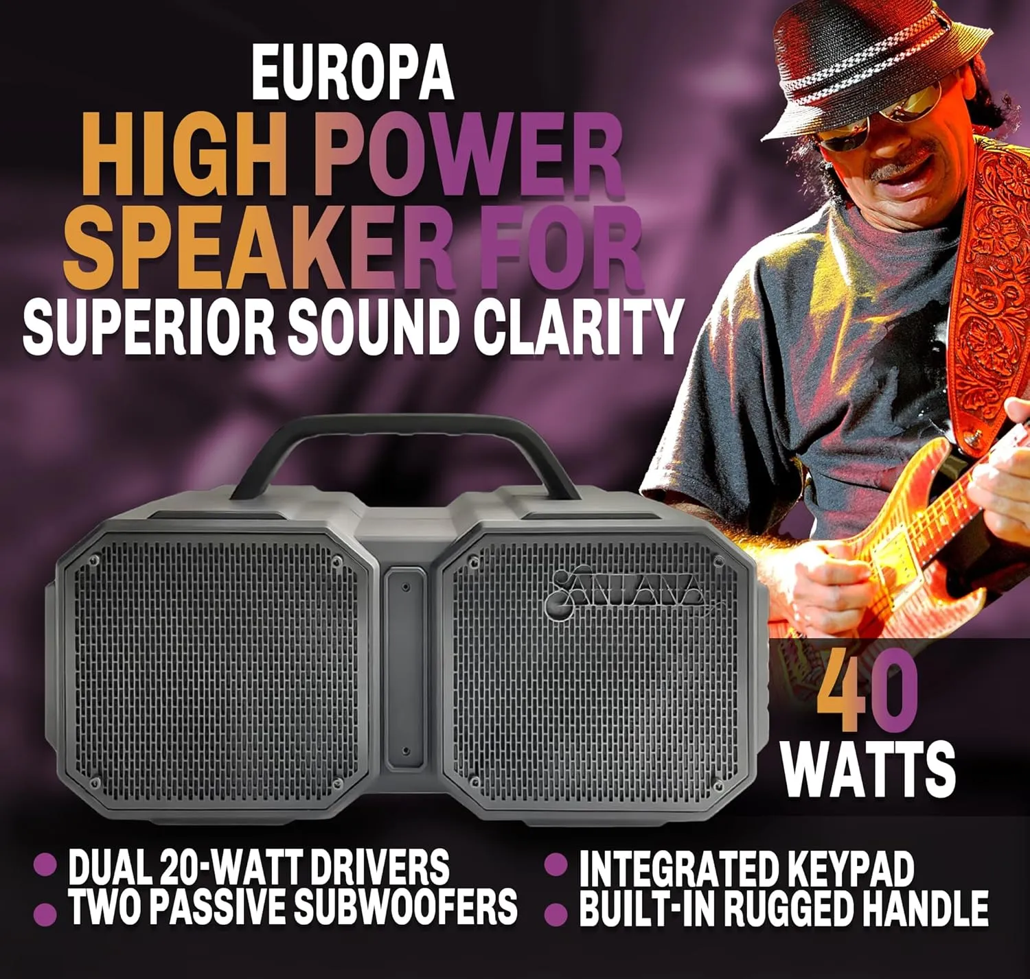 SANTANA BY CARLOS SANTANA Europa Bluetooth Speaker, Shock Portable Bluetooth Speaker, 40W Portable Outdoor & Wireless Speaker - Black