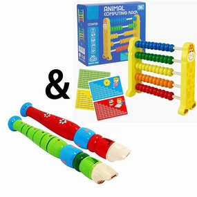 Sealive Wooden Counting Toy - 50 Beads Abacus for Kids Math & 2 pcs Small Wooden Recorders
