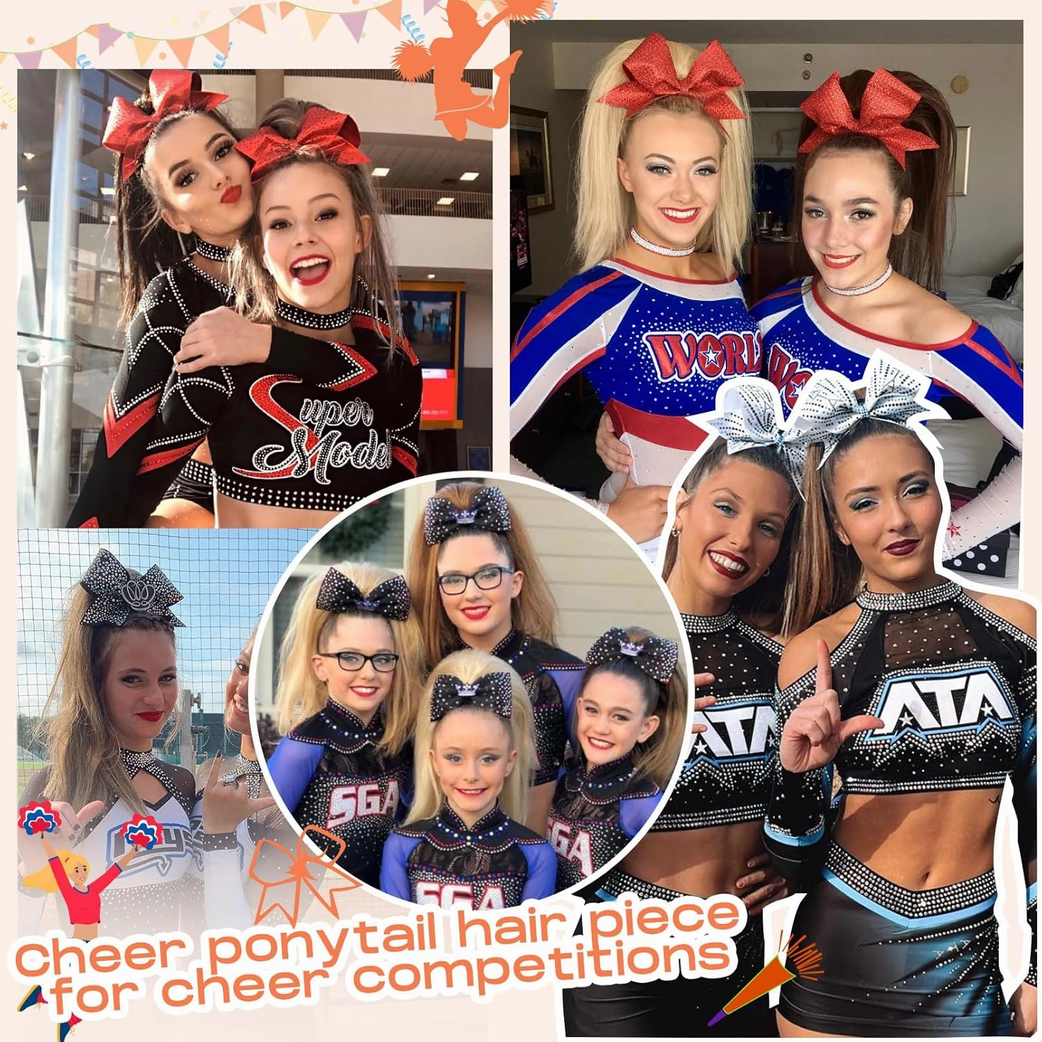 SEIKEA Cheer Ponytail Hair Piece, 16" Straight Cheerleader Hairpiece Ponytail Extension for Cheerleader Competition, Dance Ash Blonde with Blonde Highlights